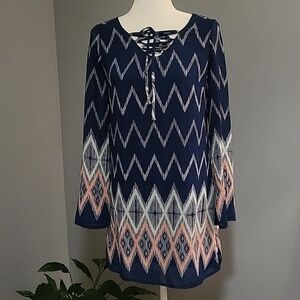 Xhilaration Blue Pullover Tie Front Long Sleeve Lined Back Detail Dress - Size S